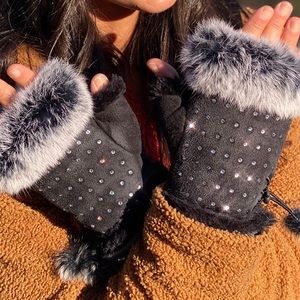 Black Fur Cuff Gloves with Rhinestones & Bling